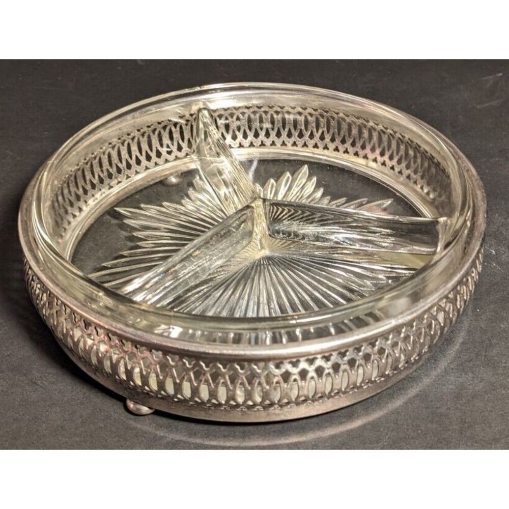 Vintage Depression Glass Divided Relish Dish in Silver Carrier Basket